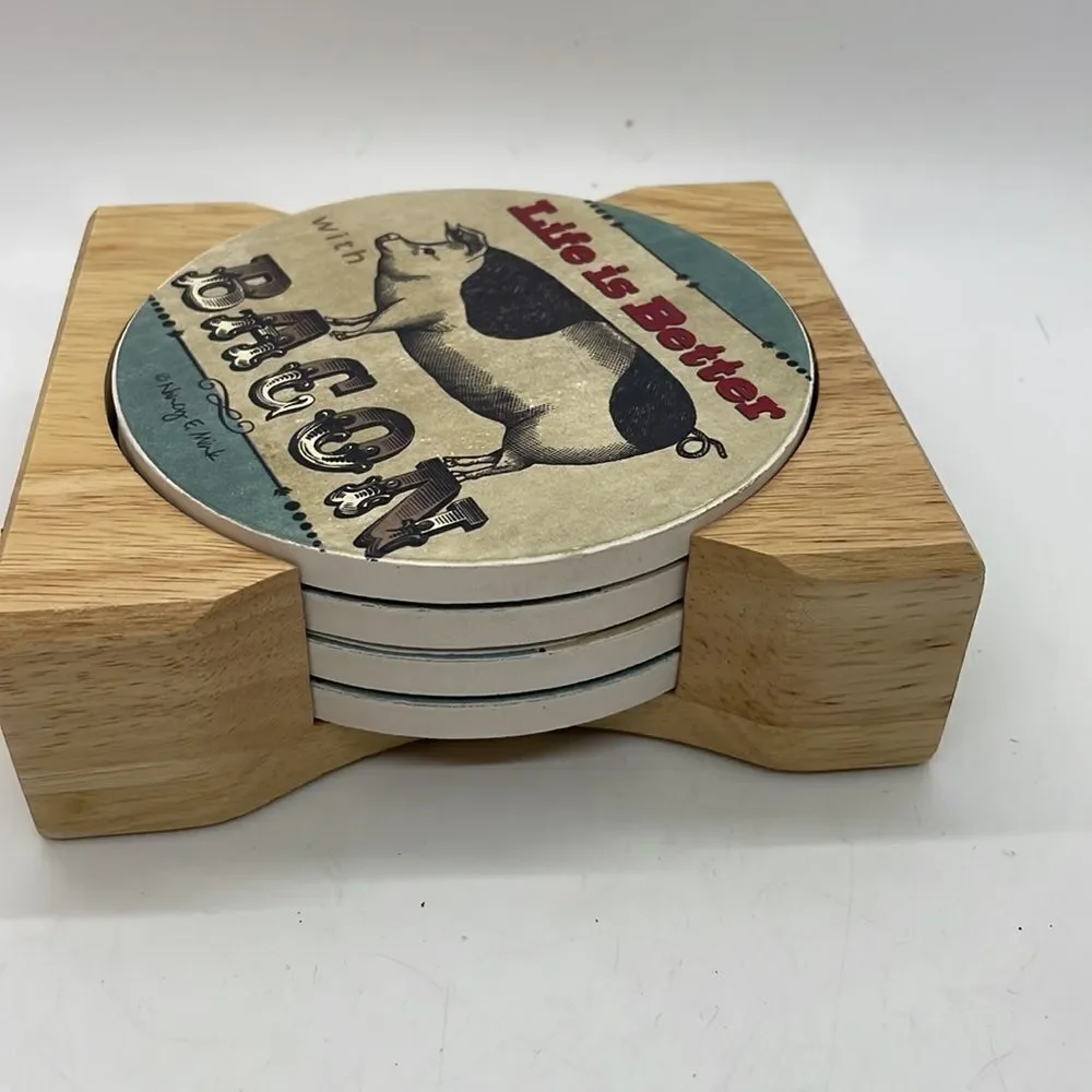 New CounterArt Absorbent Coaster Set (4) Pig  with Wood Holder 4